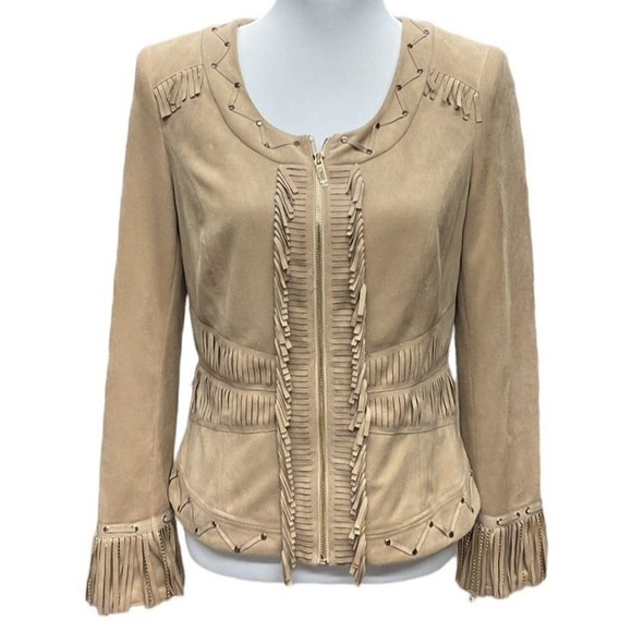 Cache Vintage Women's Faux Suede Fringed‎ Jacket Tan Size L Basic Outerwear Boho - Picture 1 of 11
